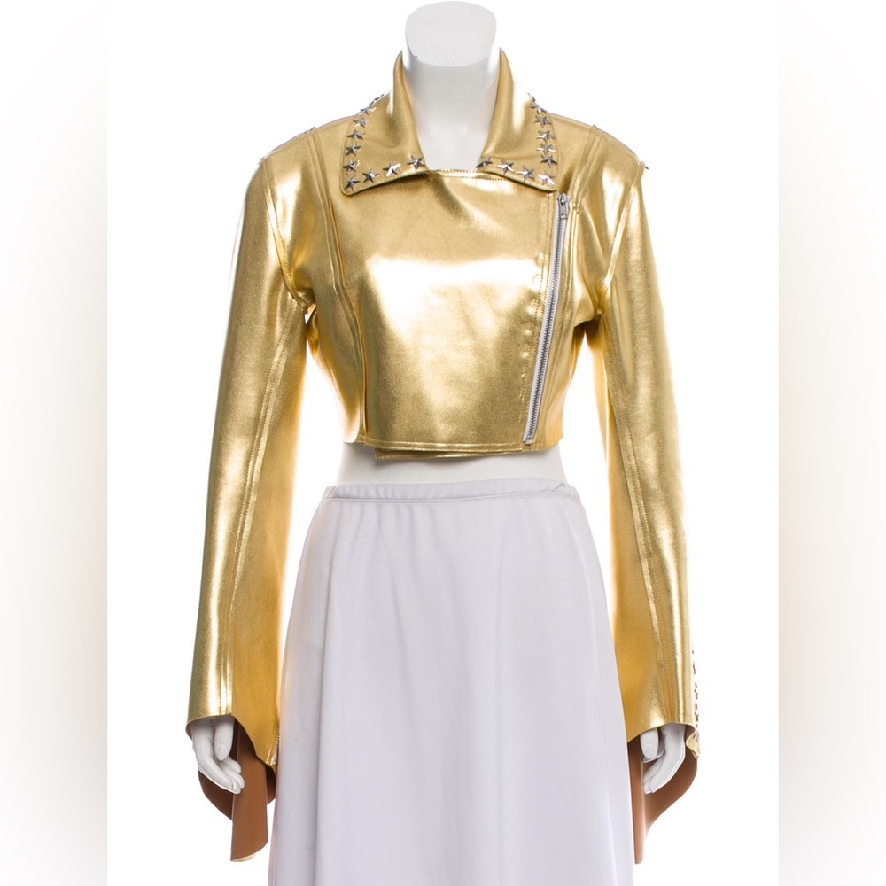 🦋SOLD🦋NORMA KAMALI Embellished Gold Foil Biker Jacket - Picture 3 of 8